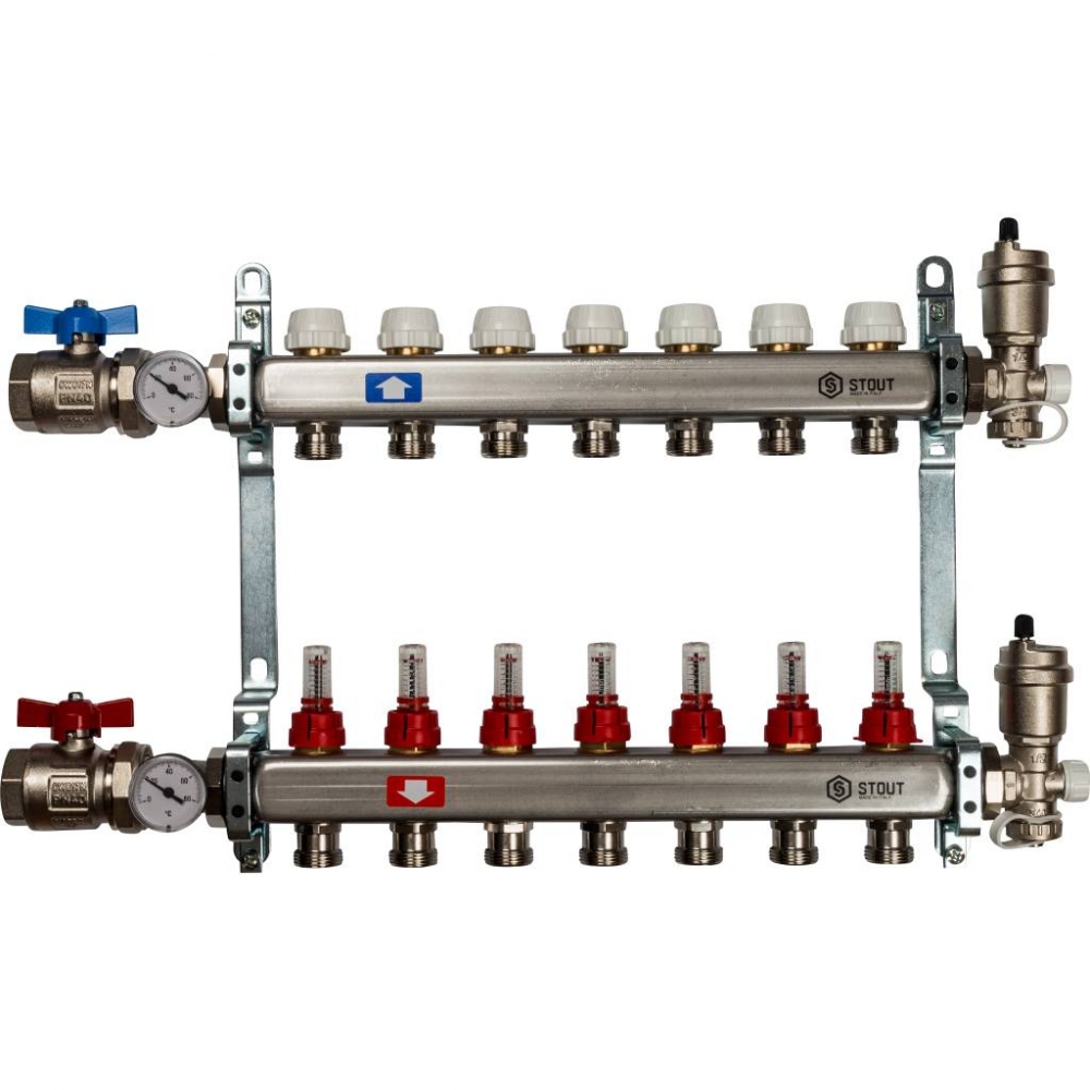 Коллектор из нержавеющей стали для систем напольного отопления с расходомерами на 7выходов STOUT /1/